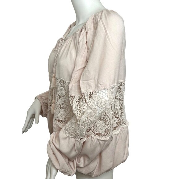 Free People. Blouse S/P Pink, Lace Tassels Balloon Long Sleeve Loose Fit Classic - Picture 2 of 16